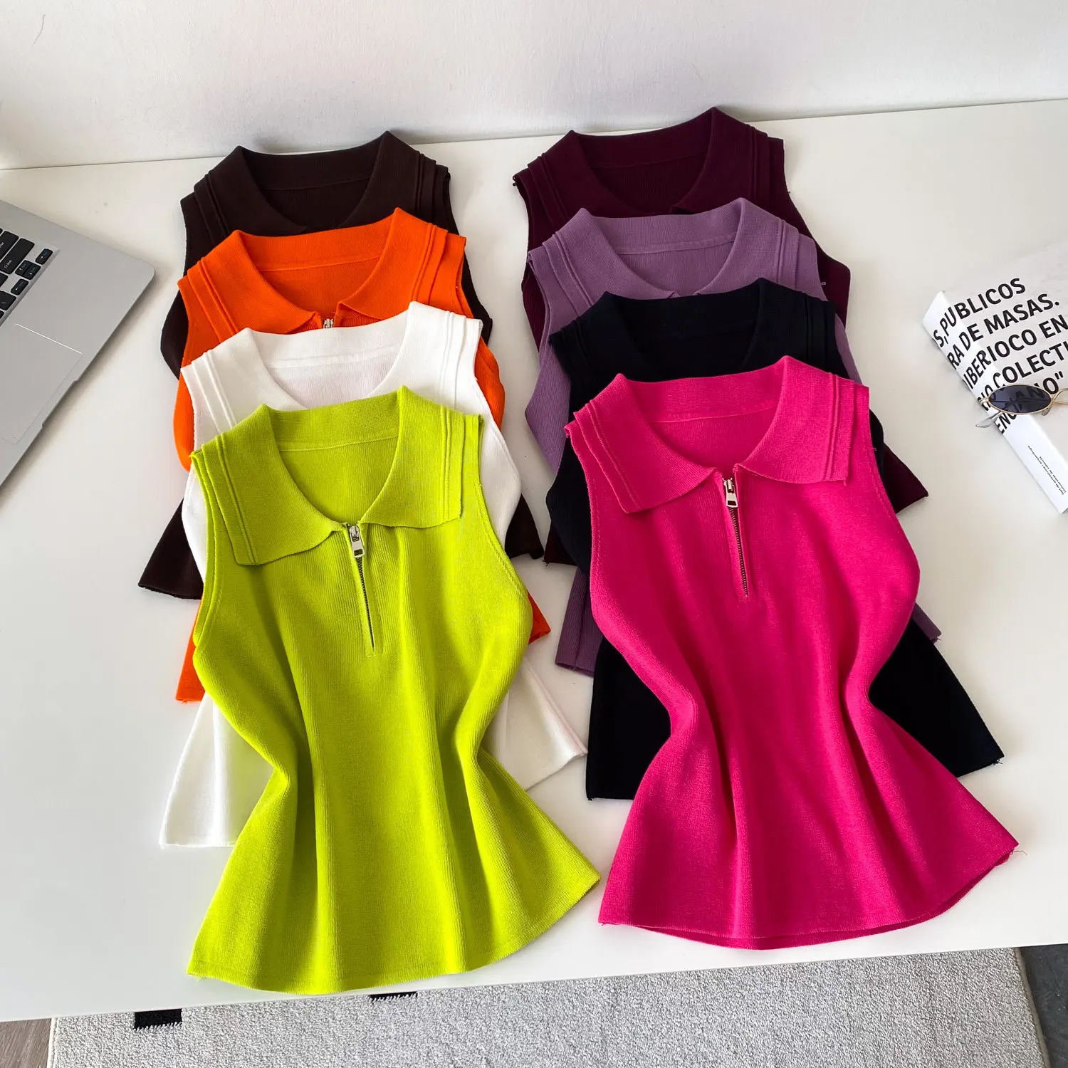Tanks Tops Women Top Knit Zipper Sleeveless Turn Down Collar Solid Sexy Y2k Streetwear High Waist Elegant Work Slim Fit 2026