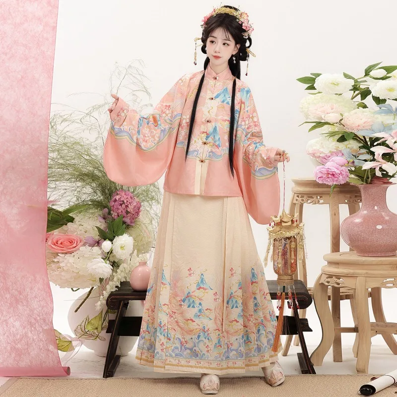 

Daming noble girl Ming-made Hanfu suit, printed stand-up collar, pair of placket, pipa sleeve, thin horse skirt, antique set