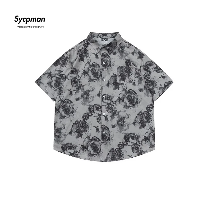 Sycpman Vintage Ink Rose Print Short Sleeve Shirt Summer Trend Loose Casual Versatile Shirts for Men