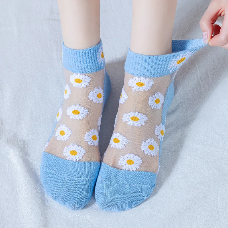 5 Pairs/Set Lovely Daisy Ultra-thin Glass Silk Breathable Short Women Socks Suit In Spring Summer image 5