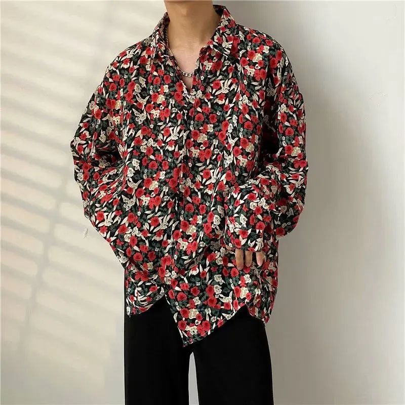 

Retro Hong Kong Sle Rose Print Men's Long Sve Loose Thin Cotton irt Korean Aosphere Silk Floral Design Casual Wear