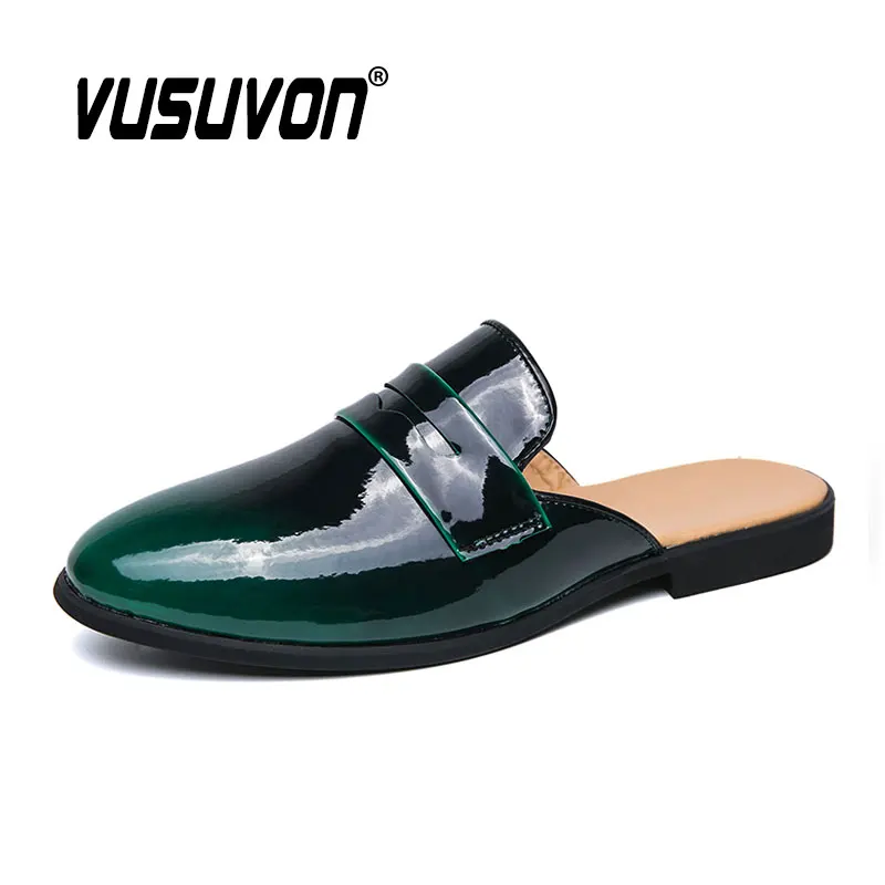 Italian Design Men Slippers Patent Leather Loafers Moccasins Outdoor Non-slip Black Casual Slides Summer Spring Fashion Shoes