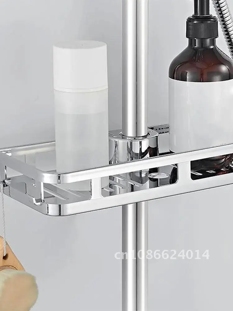 Shower Shelf Tray Bathroom Shelves Drain Racks No Drilling Lifting Rod Removable Stand Soap Holder Storage Rack Tray