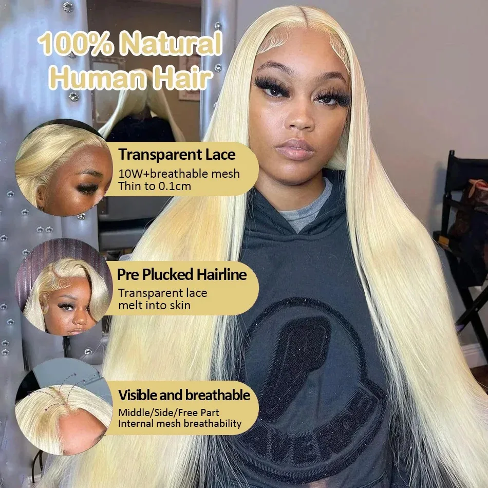 Perruque Lace Front Wig Brésilienne Naturelle, Cheveux Lisses, Blond Miel 180, 13x4, 13x5 HD, 30 32 Pouces, Densité 613