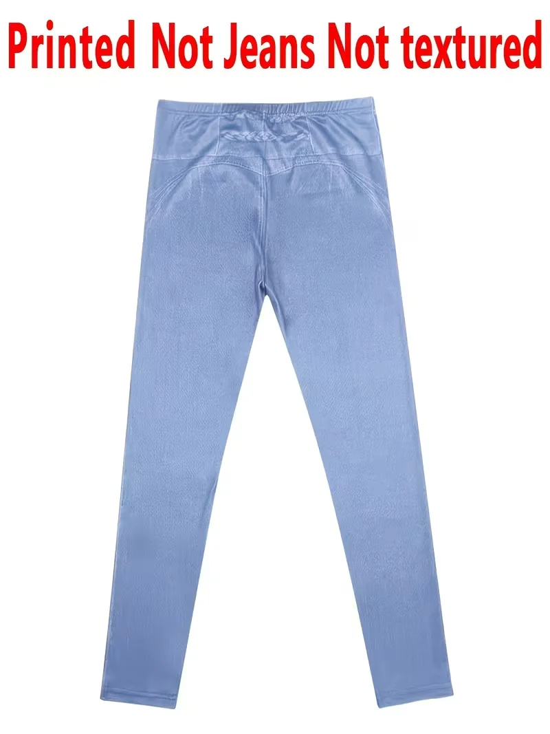 Bedruckte Leggings für Damen, kein Denim-Stoff, Hosen mit aufgesetzter Tasche und Knopfdruck-Design, hochelastisch, modisch, schmal geschnitten, lässig – Detail 4