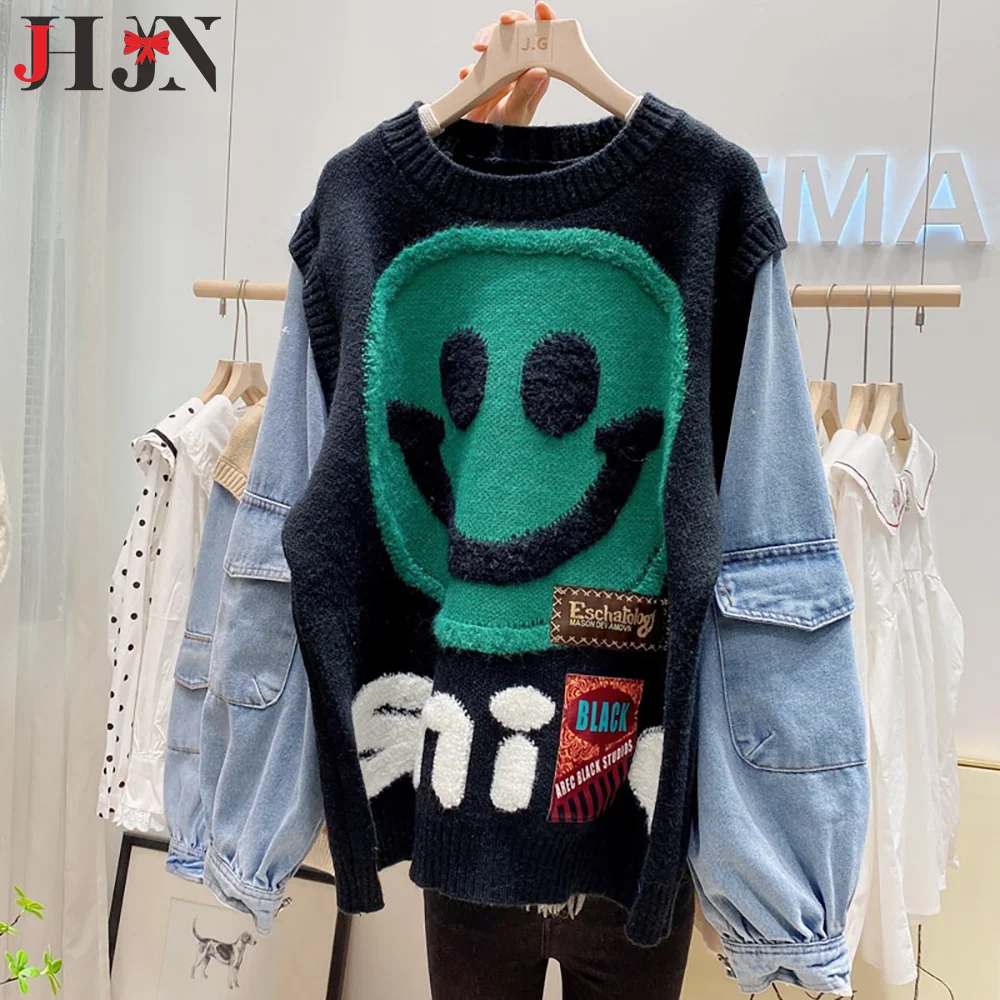 

JHJN Cowboy Splicing Cartoon Female Pullover Sweater Korean Version Easy Lazy Wind Knitted Outerwear Luxury Brand