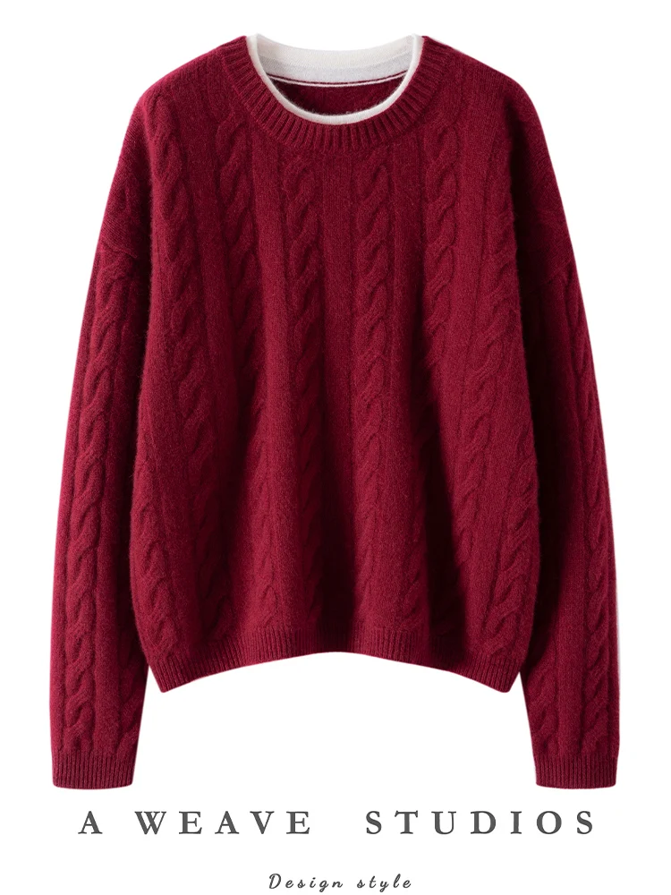 New Women 100% Cashmere Sweater Cable Knitting O-neck Pullover Cashmere Knitted Autumn Winter High Quality Basic Long Sleeve Top