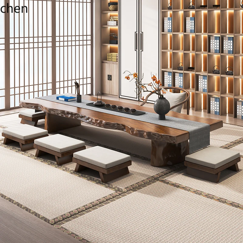HYS Japanese log large board tea table and chair combination solid wood tea table tatami zen low table coffee