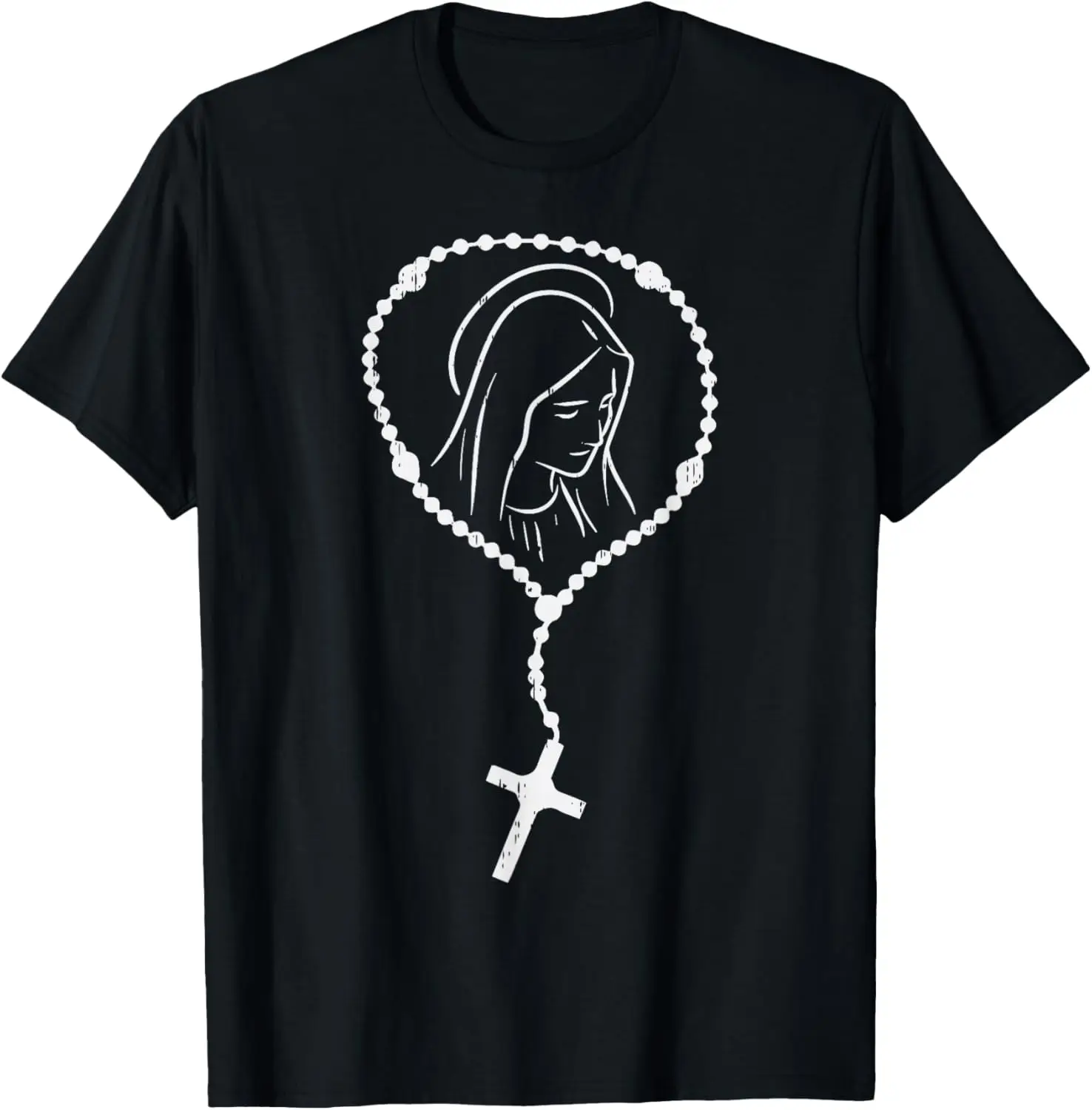 

Rosary Virgin Mary Outline Graphic T-Shirt Religious Catholic Faith Cotton Tee