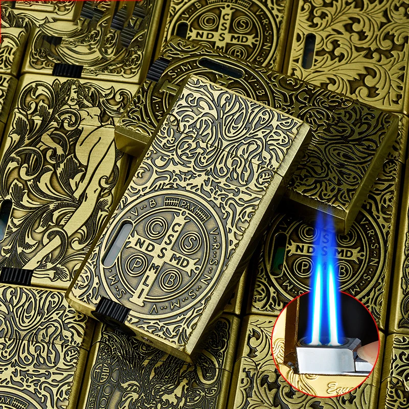 Metal Langsheng Lighter Double Direct Charge Inflatable Brushed Blue Flame Lighter Windproof Cigar Decay Fragrance Gift Creative