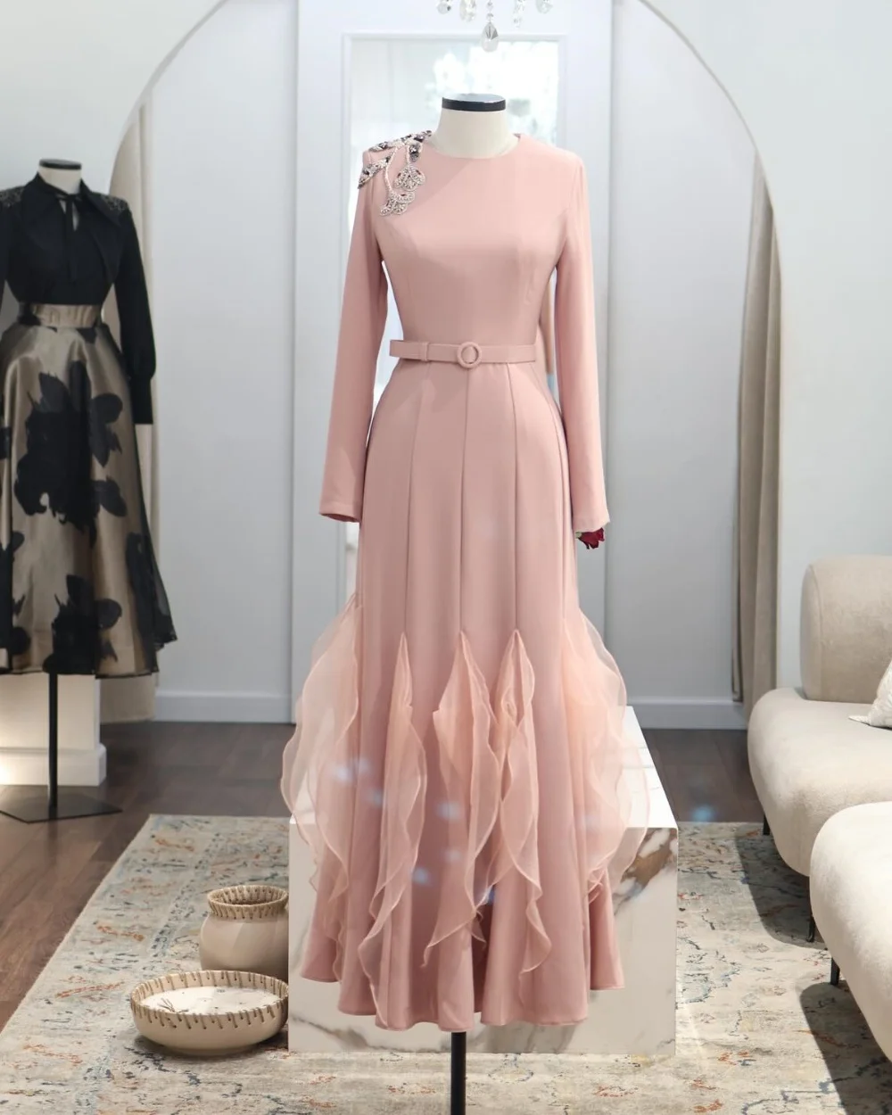 تخصيص معقدة جيرسي الطية وشاح مطرزة ألف خط س الرقبة فساتين طويلة مخصصة مناسبة مساء جودة عالية #1