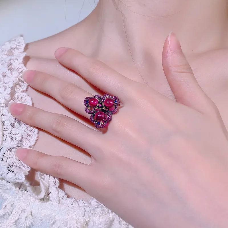 Exquisite Adjustable Statement Ring Hollow Flower Butterfly with Blue Red Gemstone Clusters Trendy Fashion Jewelry for Women