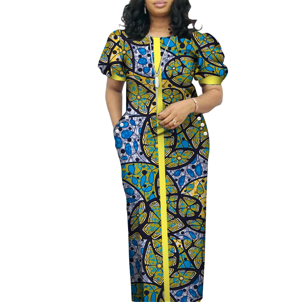 أنيقة المرأة الأفريقية فستان س الرقبة قصيرة نفخة كم طويل ماكسي فساتين ملابس منقوشة الأفريقية بازان الثراء حجم كبير فستان WY4542 #2