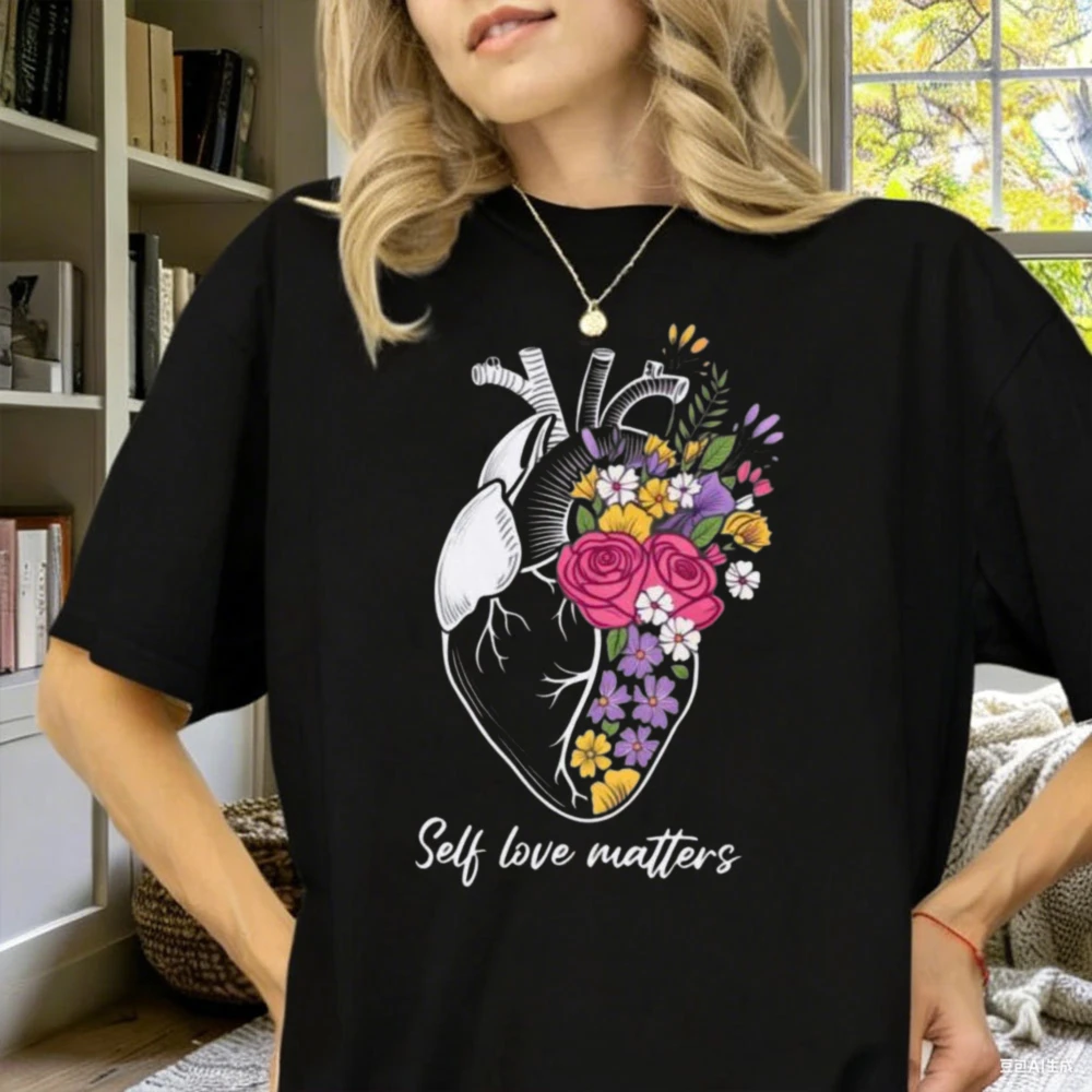 A Striking Anatomical Adorned with Vibrant Bouquet of Floral Heart TShirt Self Love Matters Wildflowers Graphic Tee Short-sleev