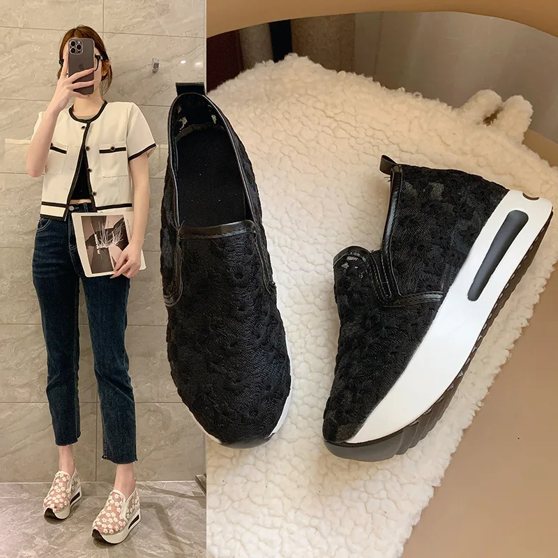 

Ladies Fashion Breathable Lace Mesh Flower Embroidery Pumps Thick Bottom Slip on Comfortable Casual Women Platform Shoes