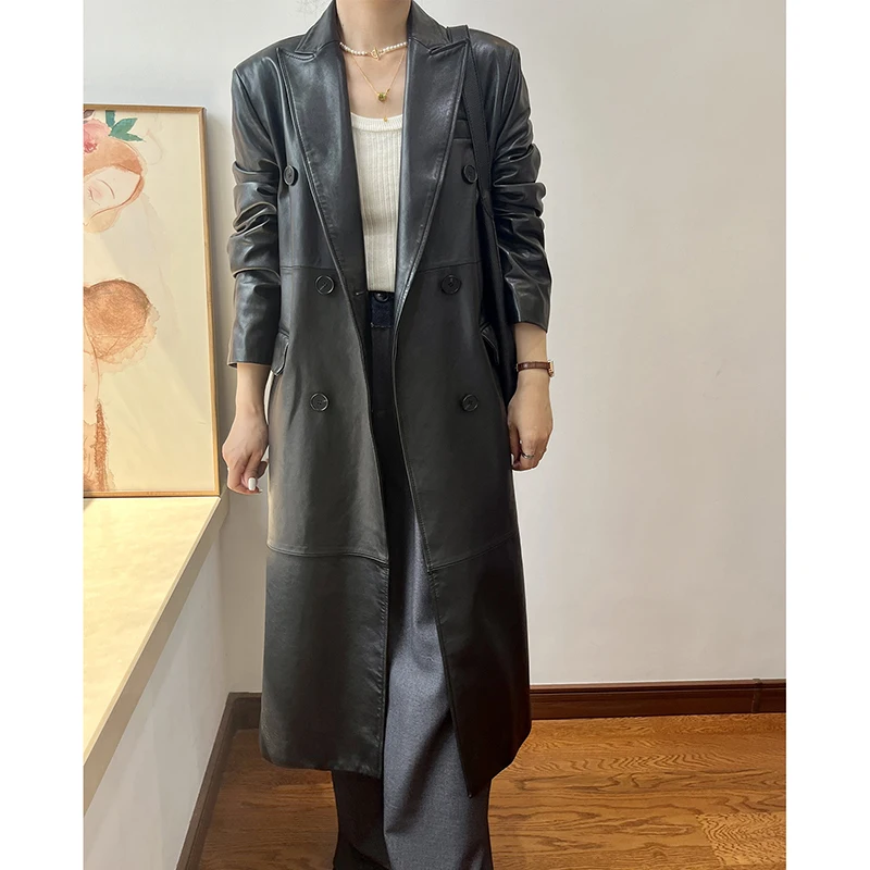 New Leather Jacket for Women Autumn Lambskin Maillard Dark Brown Double Breasted Long Slim Suit Trench Coat Giubbino Pelle Donna