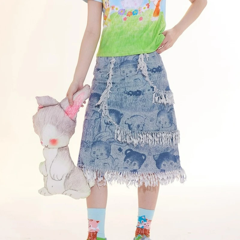 Retro-Design, hellblauer Tierdruck, mit Fransen, mittellanger Rock für Damen, 2025, neue, vielseitige Imitations-Denim-A-Linien-Röcke für Damen