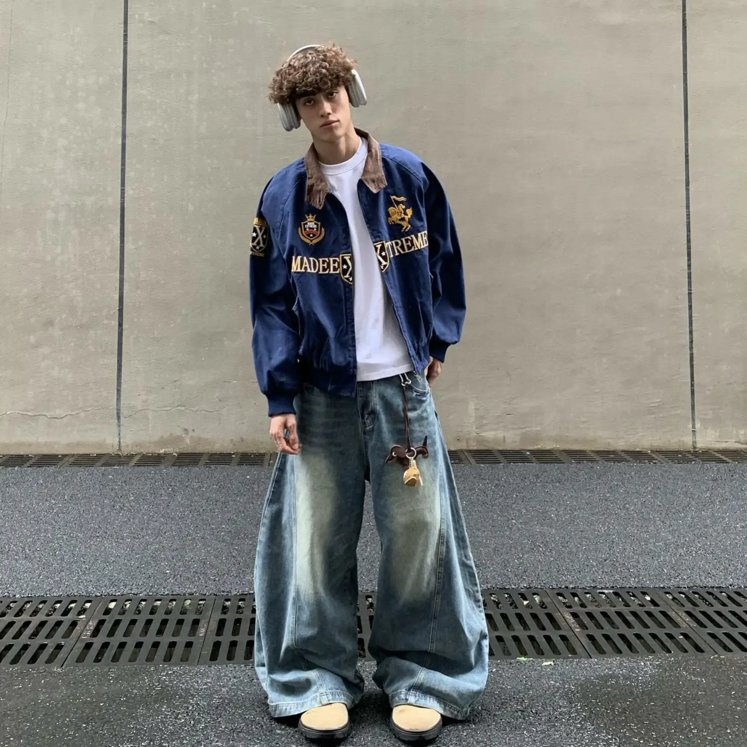 

2026 New Men Navy Blue Cropped Baseball Jacket Retro American Clean Fit Style Loose Streetwear Coat Casual Fashion Outwear