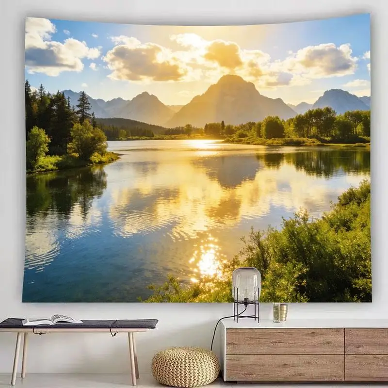 VIKAMA Boho Wall Art Tapestry, Majestic Mountains and Lake View Home Decor