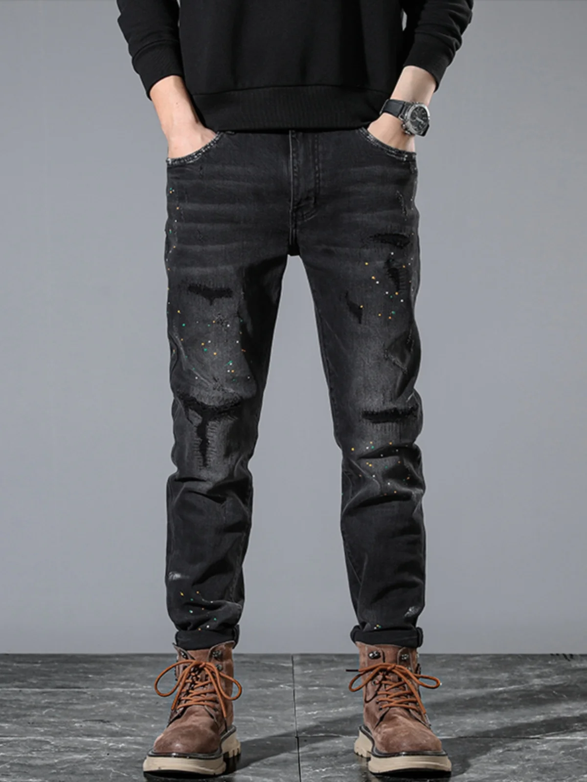 

Мужские джинсы из Гонконга, черные, с эффектом брызг чернил, зауженные, прямого кроя, осенне-зимние, рваные, с потертостями, модные, длинные, стильные