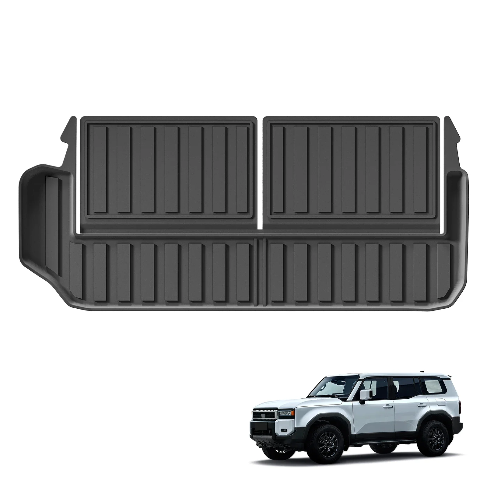 الحصير ل 2024 تويوتا لاند كروزر برادو J250 LC250 7 مقاعد TPE ثلاثية الأبعاد سيارة البضائع بطانة الجذع وسادة مسند الظهر وسادة مقاوم للماء الأسود