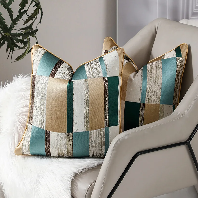 Green Cream Gold Light Luxury Geometric Pillow Cover High-precision Edging Embroidery Cushion Cover Throw Pillowcase Decorative