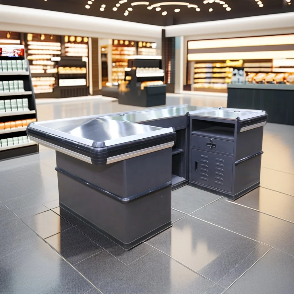 

Retail Checkout Counters Durable Table Supermarket Equipment Steel Cashier Counter Boutique Retail Cash Counter Desk