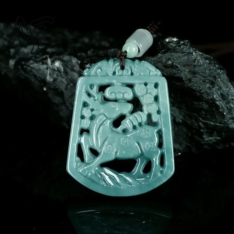 Blue Water Emerald Burmese A Emerald Jade Sika Deer Pendant Amulets Jewelry fashion Certificate Gifts for Women Men Natural 2