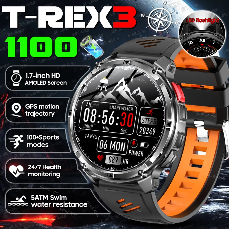 

2026 New T-REX3 Outdoor Sports Smart Watch 1.7-inch AMOLED 1100mAh Battery Bluetooth Call 5ATM Waterproof Men Fitness Smartwatch