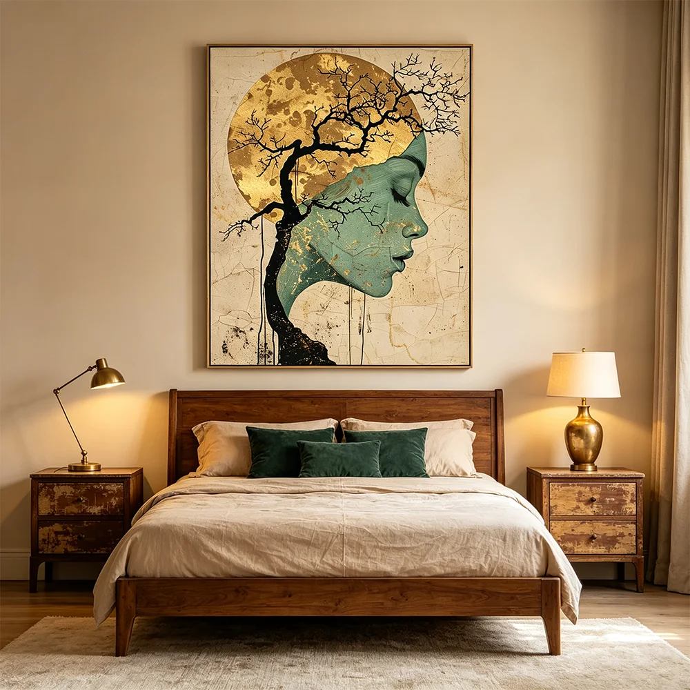 Ethereal Woman Tree Moon Wall Art Poster Surreal Print Picture Vintage Cracked Texture Boho Nature Portrait Canvas Painting Gift
