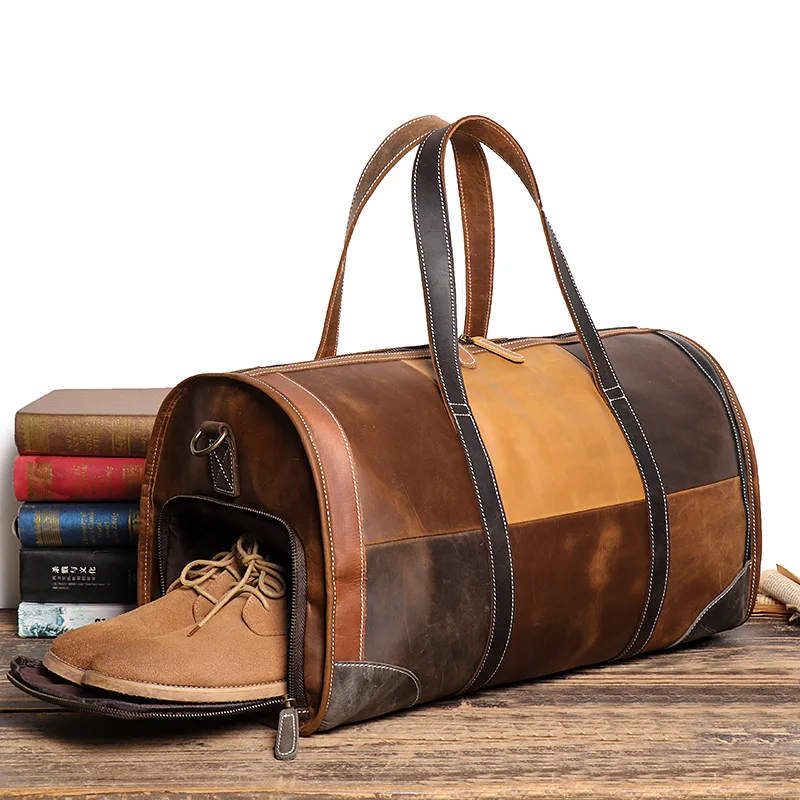 High Quality Large Big Vintage Genuine Leather Women Men Travel Bag 14'' Laptop Male GYM Duffle High Quality Patchwork M30168