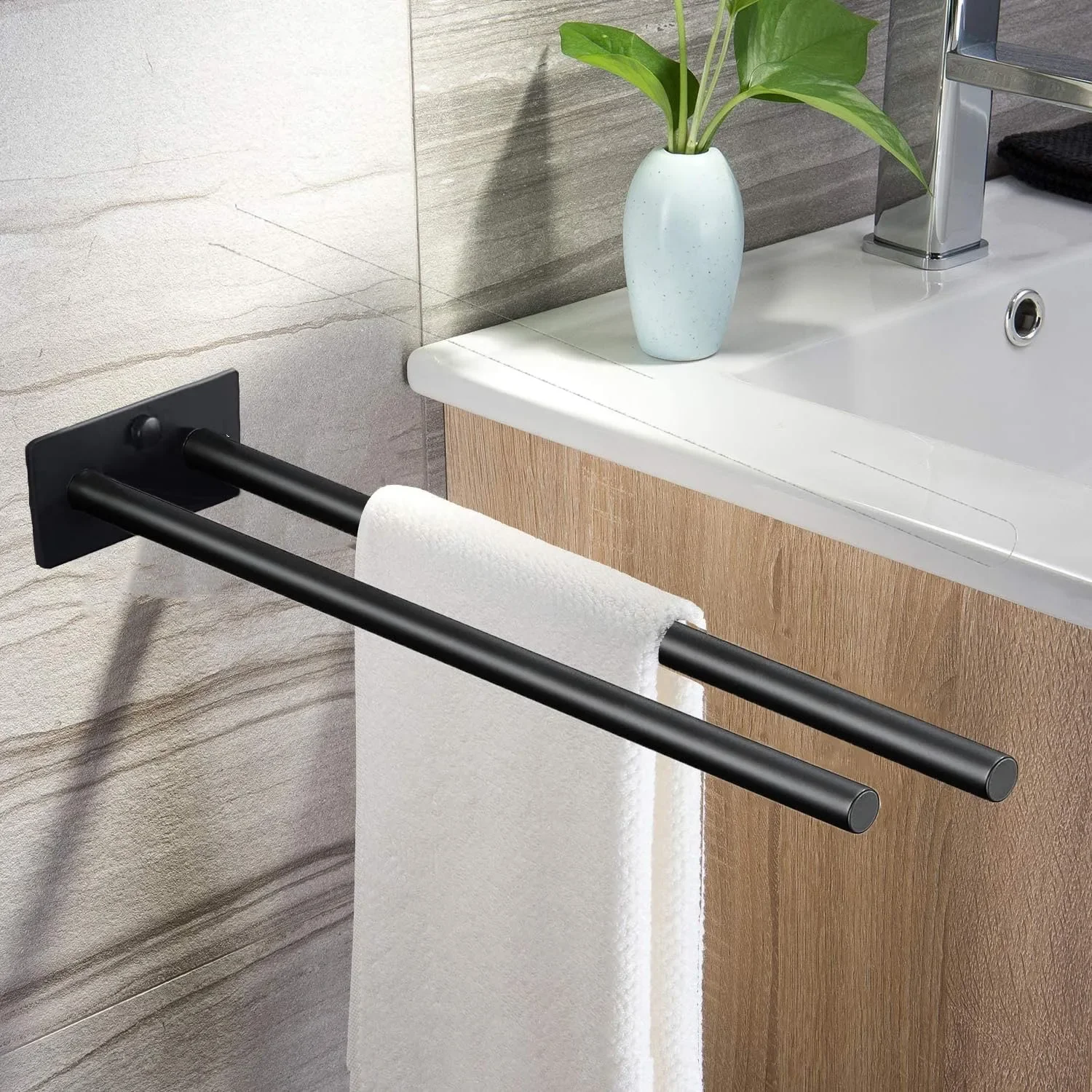 

Stainless Steel Drill Towel Pole Bathroom Wall-Mounted Self Adhesive Towel Double Rod Toilet Room Kitchen Storage Wall Shelf