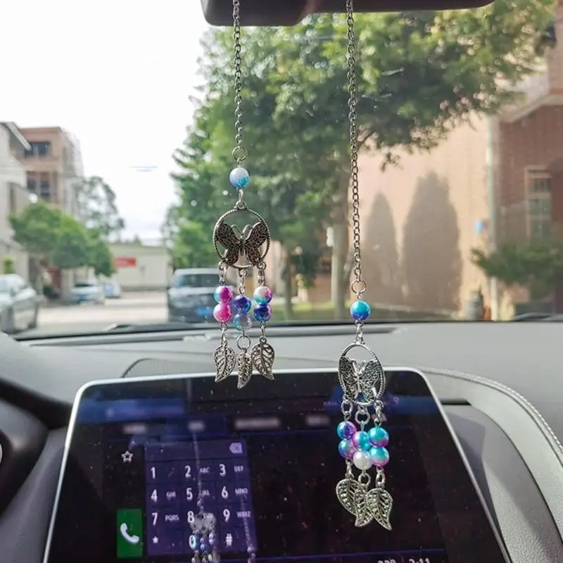 Fashion Hanging Decoration Rear View Mirror Metal Beaded Wind Chimes Ornament Car Interior Accessory Decorative Pendant 