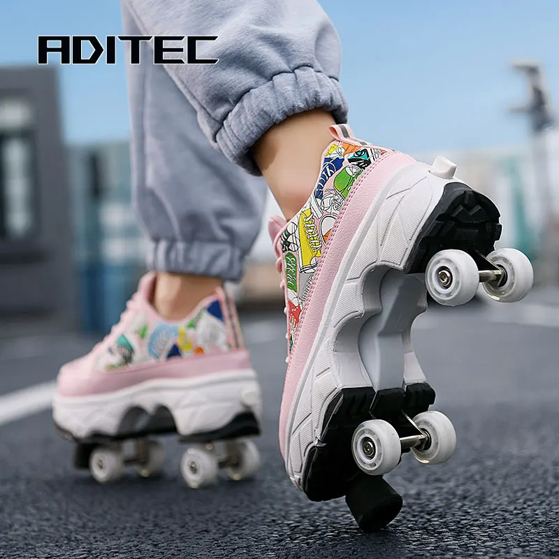 Pu Leather Four-Wheel Roller Skate Shoes Casual Deformation Parkour Sneakers For Rounds Adult Kids Of Running Sport Shoes