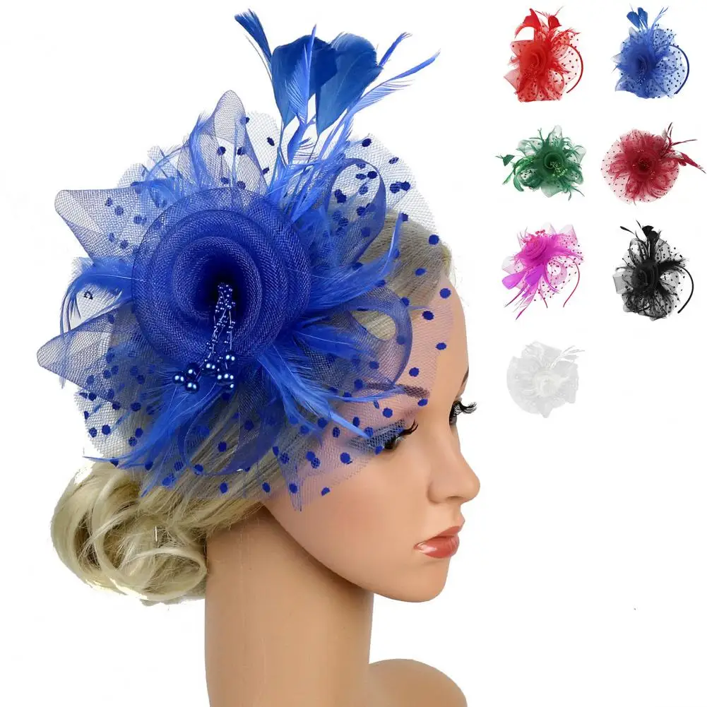 Net Feather Fascinator Hat Headband Alice Headband Clip Mesh Flower Wedding Cocktail Bridal Hair Pearls Pillbox Hat Fascinators