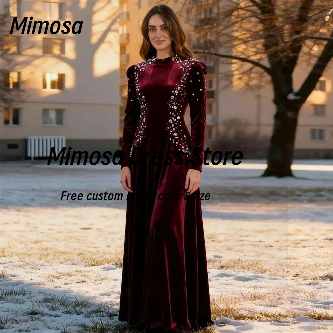 

Mimosa Burgundy Velour Evening Dresses Crystals Long Sleeves Prom Dress Zipper Back Saudi Women's Party Gowns Customized