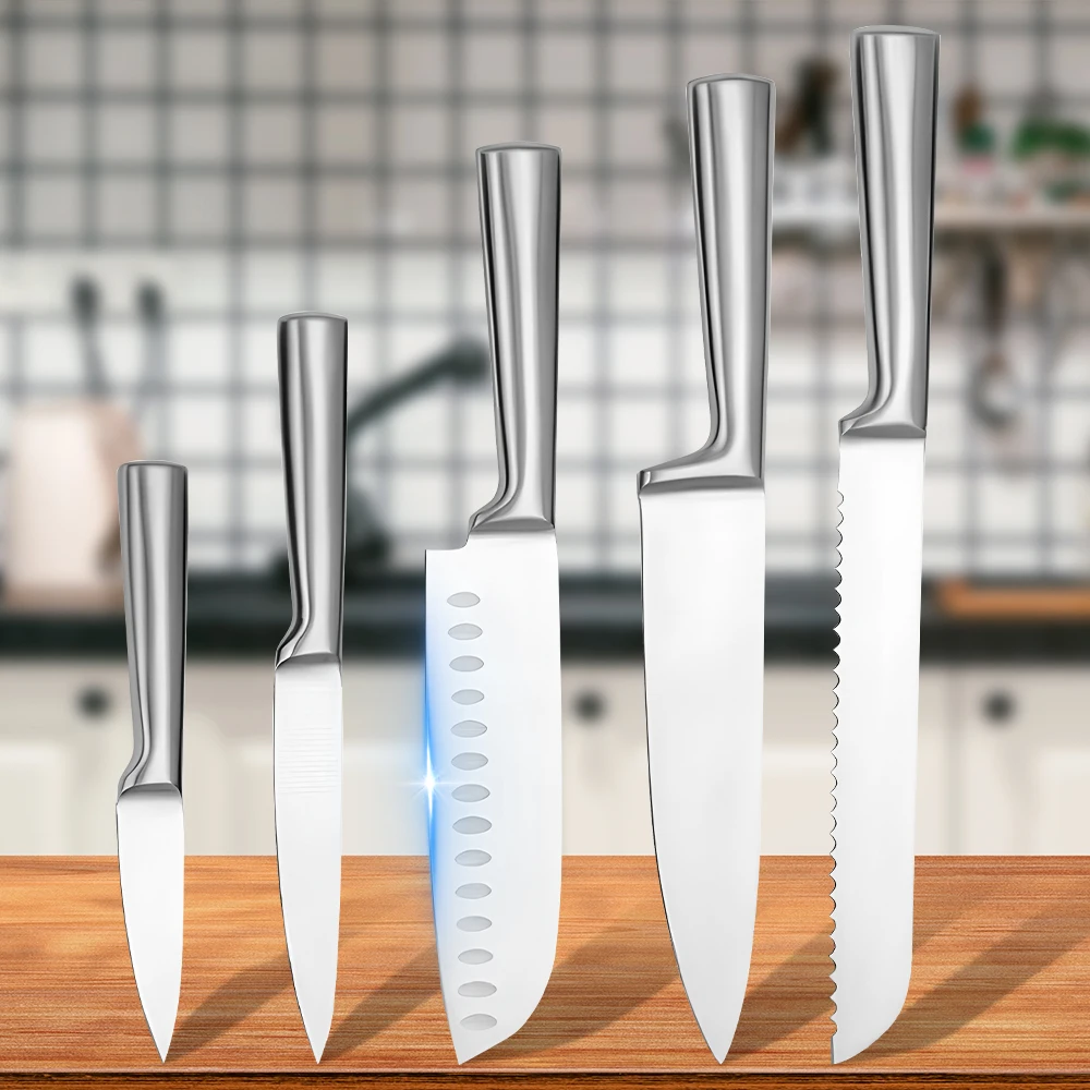 MDHAND 5-teiliges Küchenmesser-Set, komplett aus Edelstahl, Kochmesser, Brot, Pflegen, Allzweckmesser, ultrascharfes, antihaftbeschichtetes Kochmesser