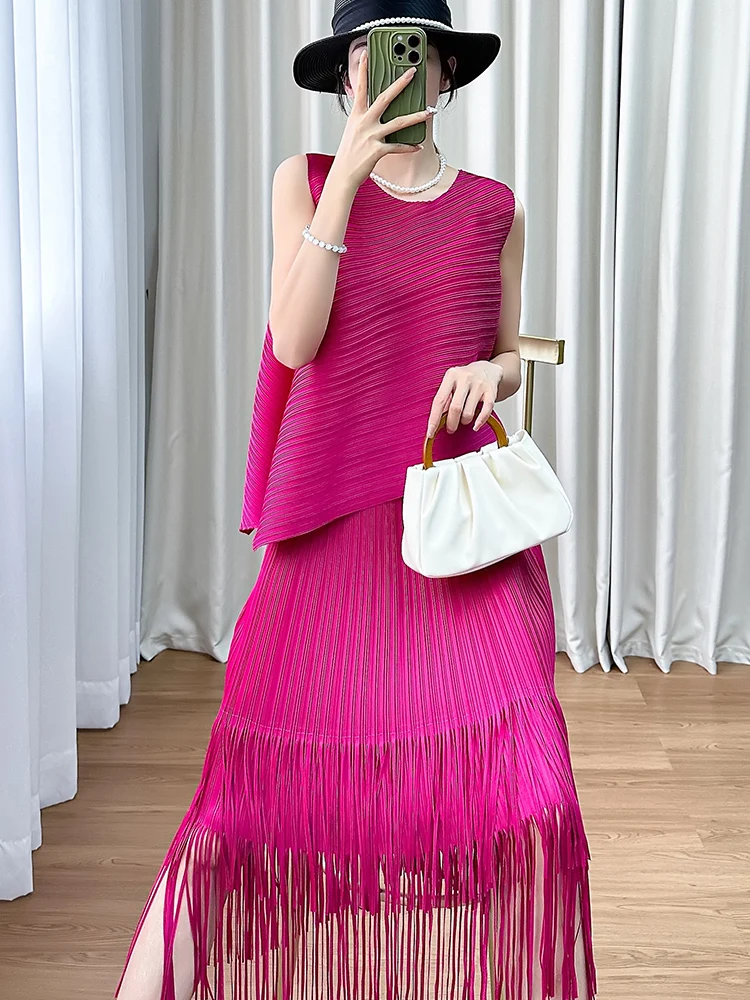 

Loose Summer New Casual Vest Top Tassel High Waist Skirt Two-Piece Set Pure Color Commute Simple Style Silk Women'...