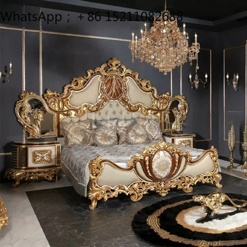 SCY all solid wood bed luxury fabric hand carved gold foil retro master bedroom bed