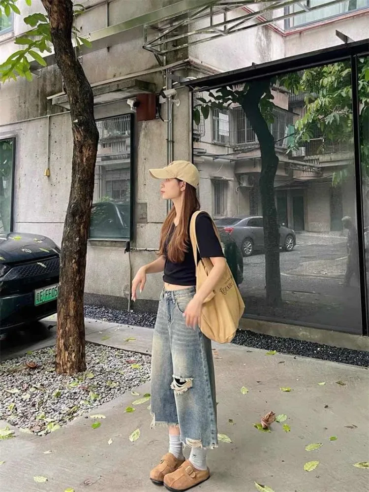 Summer Women's Fringe Hole Design Wide-leg Denim Shorts Retro Streetwear Unisex Calf-length Pant Female High Waist Half Trousers