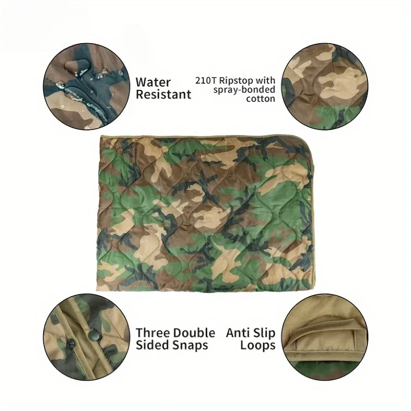 Button style camouflage Woobie blanket with waterproof cape lining, suitable for outdoor camping, hiking, hunting