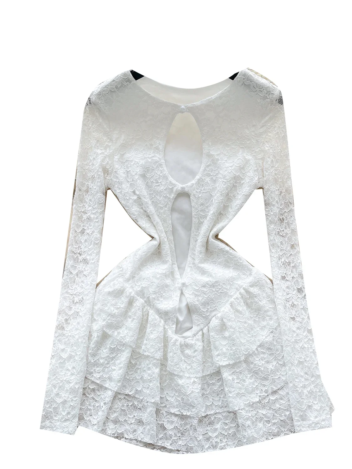 SsTss Vintage Lace Dress Damska wiosna lato długi rękaw wycięcie dekolt wąska talia marszczony brzeg linia A biała sukienka Boho Chic