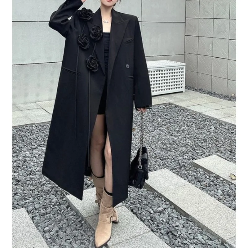 Black Long Blazer Women's Autumn and Winter New High-end Loose and Thickened Three-dimensional Flower Heavy Industry Suit Coat