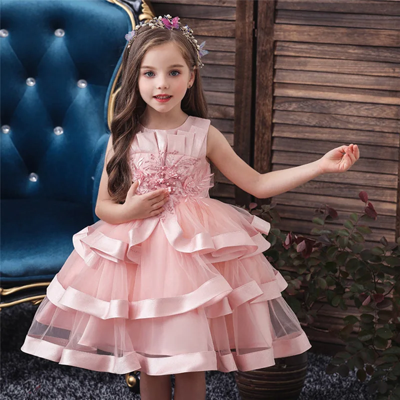 

Summer Pink Flower Girl Dresses Scoop Neck Applique Kid's Birthday Party Dress With Bow Tiered Formal First Communion