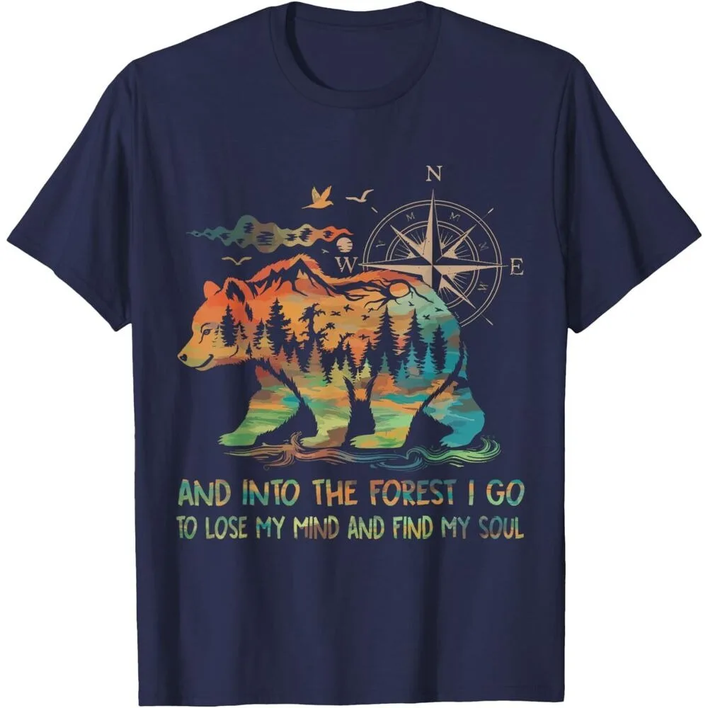 And Into The Forest I Go To Lose My Mind Camping Bear Retro T-shirt  for Outdoor Enthusiasts Comfy Casual Breathable