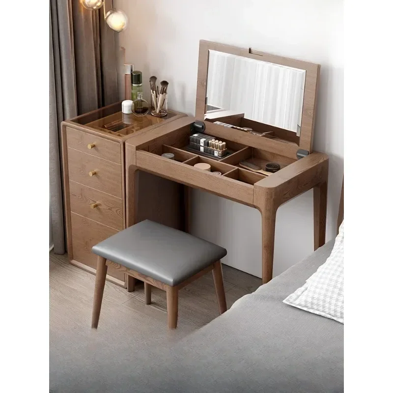 

Nordic solid wood dresser bedroom modern simple small clamshell mirror makeup desk storage cabinet integrated small apartment