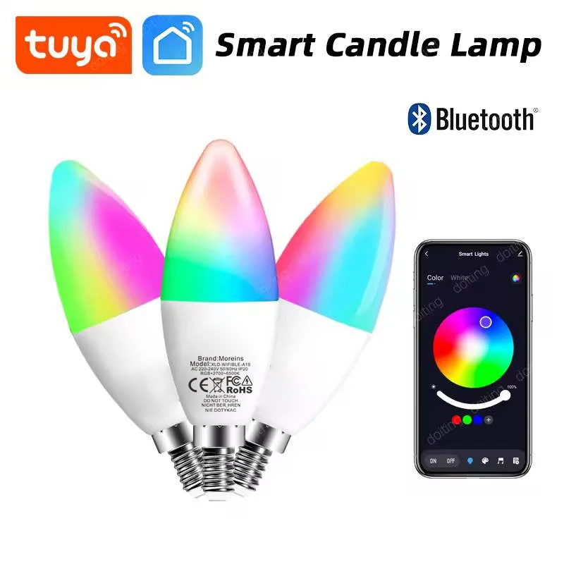E14 bluetooth wifi tuya inteligente led lustre lâmpada rgb mudança de cor lâmpadas vida inteligente app regulável alexa google casa voz