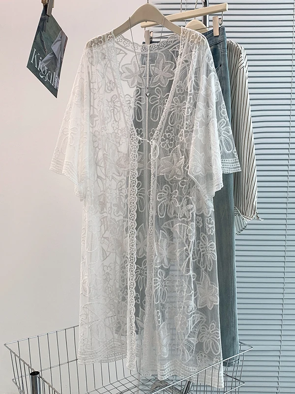 Bohemian Style Long Sleeve Sunscreen Mesh Dress Boho Holiday Fashion Women's Brand New Outerwear Cover up Long Dress 2