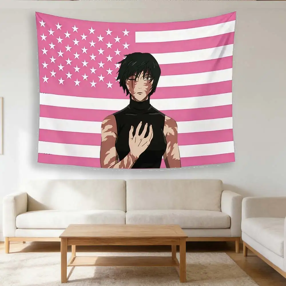 Tapiz J-Jujutsu Kaisen Maki Zen'in, Tapiz de Pared con Diseño de Bandera Americana Rosa, Tapiz con Personajes de Anime para Dormitorio Otaku