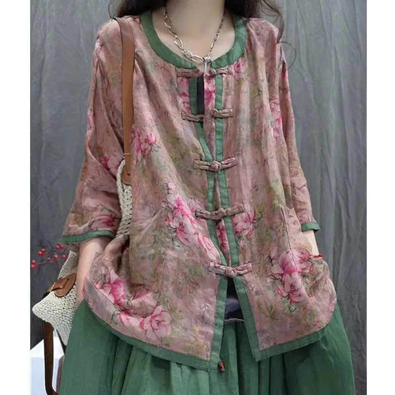 

Women's Green Floral Print Frog Button Blouse 3/4 Sleeve Linen Cotton Traditional Chinese Style Top